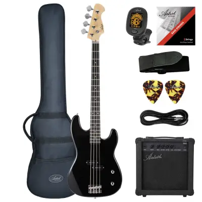 Artist APB34 Black 3/4 Size Bass Guitar w/ Accessories & 15W Amp